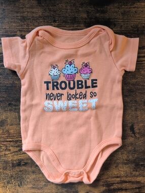 5/$25 Monkey Bars Peach Trouble Never Looked So Sweet Baby Onesie Bodysuit 6-9M